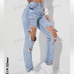 SHEIN Super Ultra Ripped Distressed Light Wash Casual Cute Blue Jeans Size 25/26